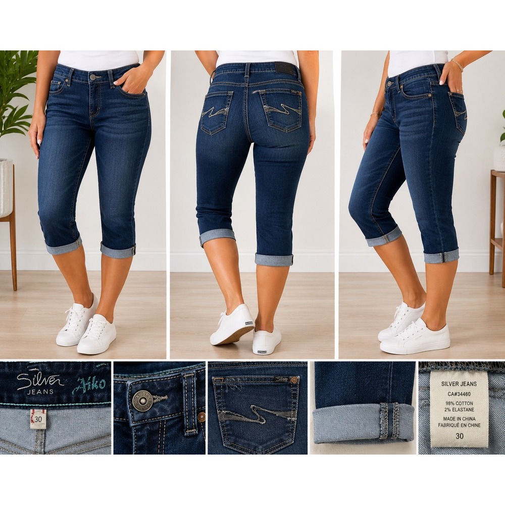 Silver Jeans Co Aiko Capri Dark Wash Cuffed Denim Jeans Size 30 L4545ADK411 - Picture 1 of 8